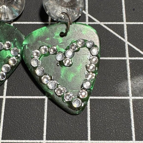 Green guitar pick dangle earrings with crystal and rhinestone embellishments - Picture 2 of 5